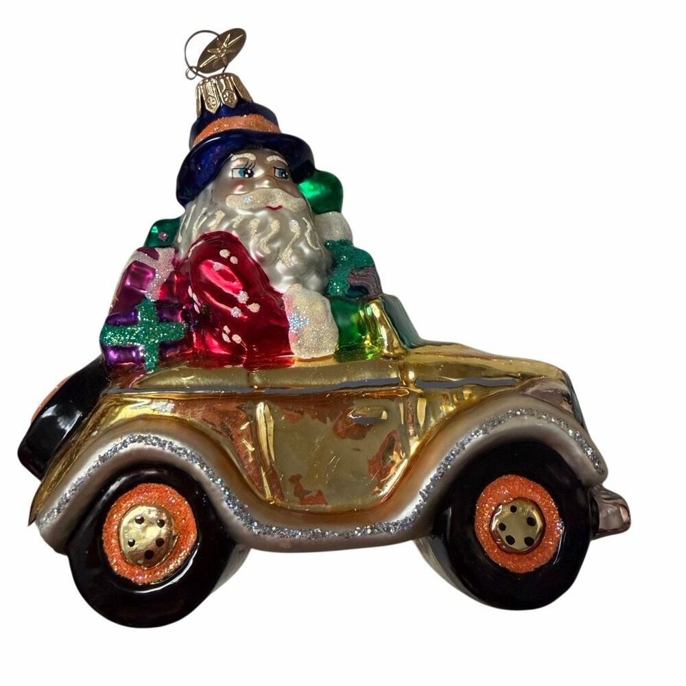 Christopher Radko Santa Driving a Gold Convertible Car Christmas Ornament